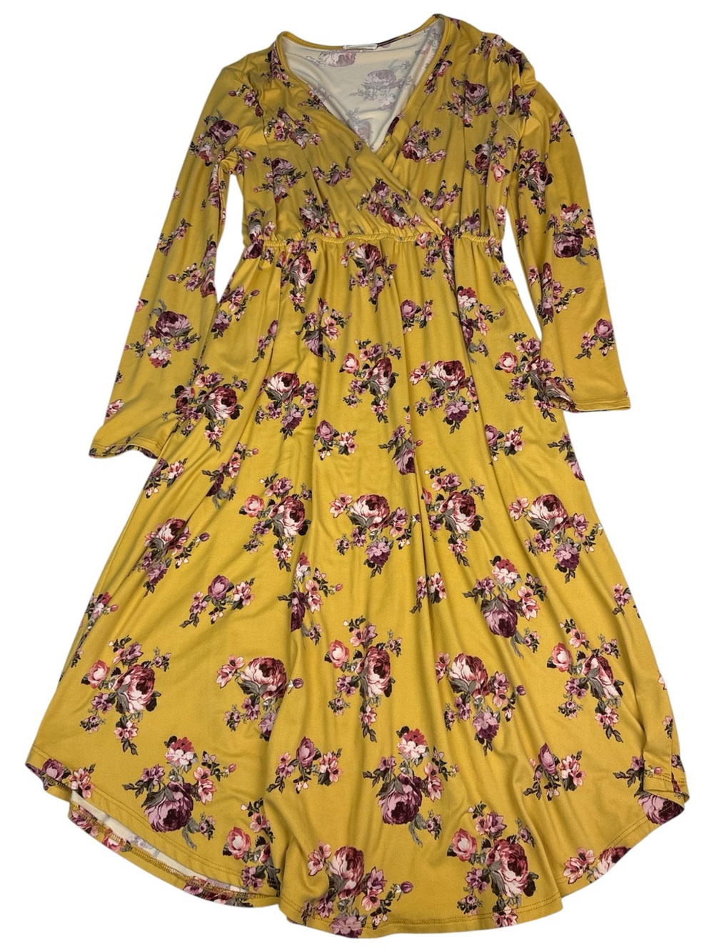 Reb & J Women XL Dress Yellow Floral Prairie Long V-Neck Polyester Blend Modest
